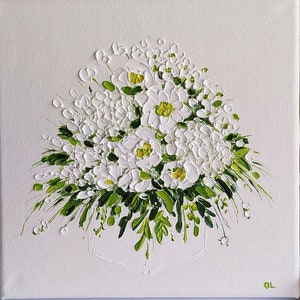 White Painting Original Hydrangea Floral Art Bouquet Painting on Canvas Oil Impasto Flower Minimalism Art 8 by 8 inches OlyaArtShop