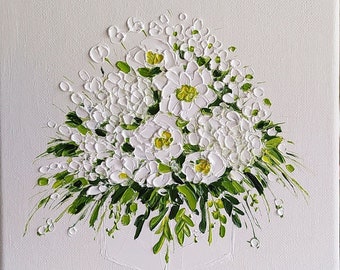 Pittura bianca originale ortensia floreale arte bouquet pittura su tela olio impasto fiore minimalismo arte 8 x 8 pollici OlyaArtShop