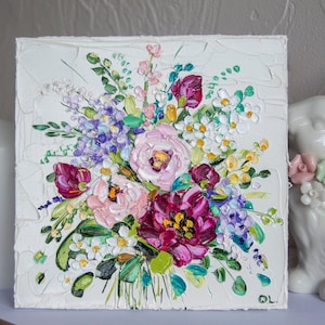 Peonies Painting Flower Original Art Roses Painting Impasto 6 by 6 in OlyaArtShop