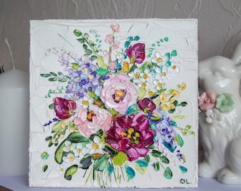 Peonies Impasto Oil Painting: Original Floral Art, 8x8 in