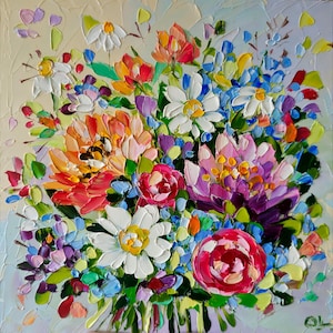 Peonies Painting Oil Impasto Flower Original Art Painting Floral Art 8*8 OlyaArtShop