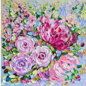 Peonía Pintura Rosas Óleo Floral Arte Original Impasto Pintura Flor Pared Rosa Arte 12 por 12 en OlyaArtShop