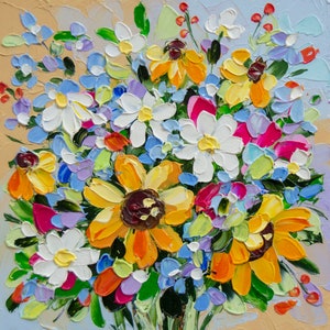 Sonnenblumen Malerei Öl Impasto Blumen Original Kunst Mini Kunstwerk 5 mal 5 in OlyaArtShop