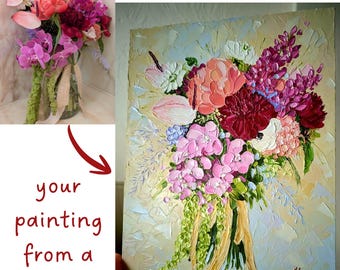 Aangepaste bruiloft boeket schilderij, originele kunst - bloemenolieverfschilderij Impasto OlyaArtShop