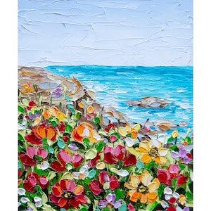 Big Sur Pintura California Arte Original Amapola Pintura Óleo Impasto Paisaje OlyaArtShop