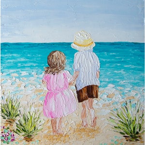 Children Painting Original Oil Brother Little Sister Family Painting Marine Daughter Son Personalized Art Wall Decor 10 by 10 in OlyaArtShop