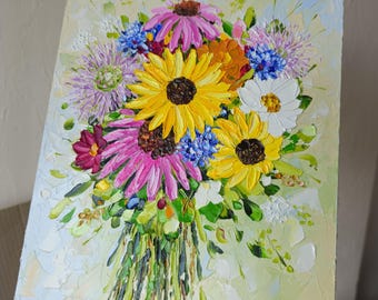 Herdenkingsboeketschilderij aandenken • Aangepaste bloemenoliekunstwerk • Impastotextuur