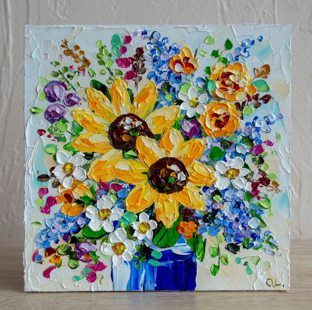 Sunflower Painting Oil Impasto Flower Blue Vase Painting Bouquet Floral ...