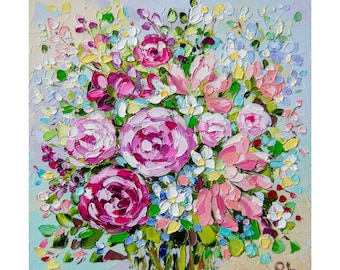 Dipinto di peonia impasto: dipinto a olio floreale rosa, opera d'arte originale (8x8)