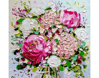Peony & Hydrangea Oil Painting: Impasto Floral Bouquet, 8x8