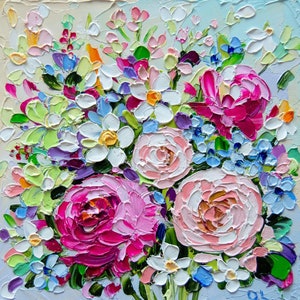 Peonies Painting Flower Original Art Oil Impasto Art Floral Painting Forget-Me-Not Small Art OlyaArtShop