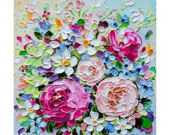 Peonies Impasto Oil Painting: Floral Bouquet Original Art (6x6)