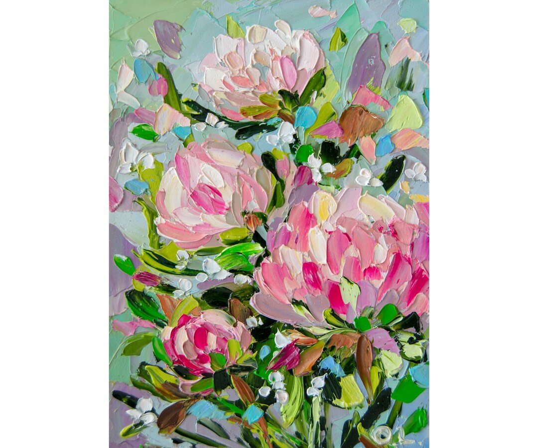 Peony Painting Abstract Flowers Oil Impasto Floral Original Art Pink ...