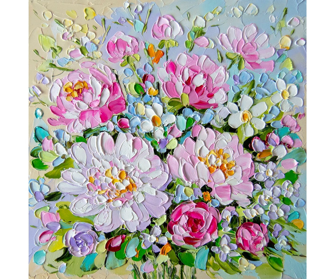 絵画 Oil painting of beautiful flowers. original oil painting Rose Peony flowers artwork Floral wall