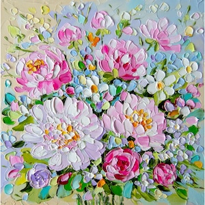 Peony schilderij olie Impasto Floral originele kunst pioenrozen schilderij bloem roze muur kunst 8 bij 8 OlyaArtShop