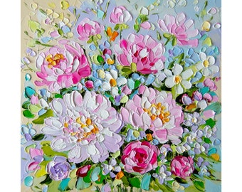 Peony schilderij olie Impasto Floral originele kunst pioenrozen schilderij bloem roze muur kunst 8 bij 8 OlyaArtShop