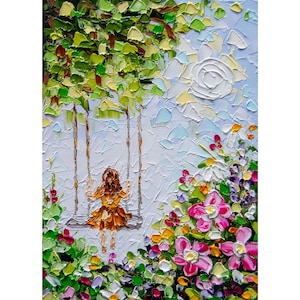 Girl On Swing Art Original Impasto Oil Painting Little Girl Art Floral Children OlyaArtShop