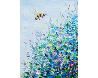 Bee Painting Alaska Forget Me Not Flower Painting Meadow 7 par 5 dans OlyaArtShop