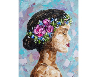 Vrouw portret schilderij originele kunst figuratief schilderij gezicht Impasto olie een van een soort artwork 8 bij 6 OlyaArtShop