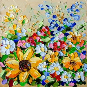 Sonnenblume Malerei Blumen Öl Impasto Original Kunst Bluebonnet Malerei Floral Mini Kunstwerk OlyaArtShop