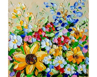 Sunflower Painting Flower Oil Impasto Original Art Bluebonnet Painting Floral Mini Artwork OlyaArtShop