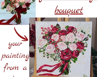 Aangepaste bruiloft boeket schilderij, originele kunst - bloemenolieverfschilderij Impasto OlyaArtShop