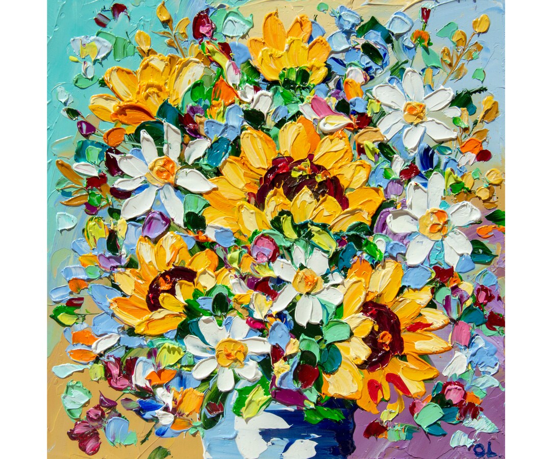 Sunflower Painting Blue Vase Oil Impasto Flower Original Art Floral ...