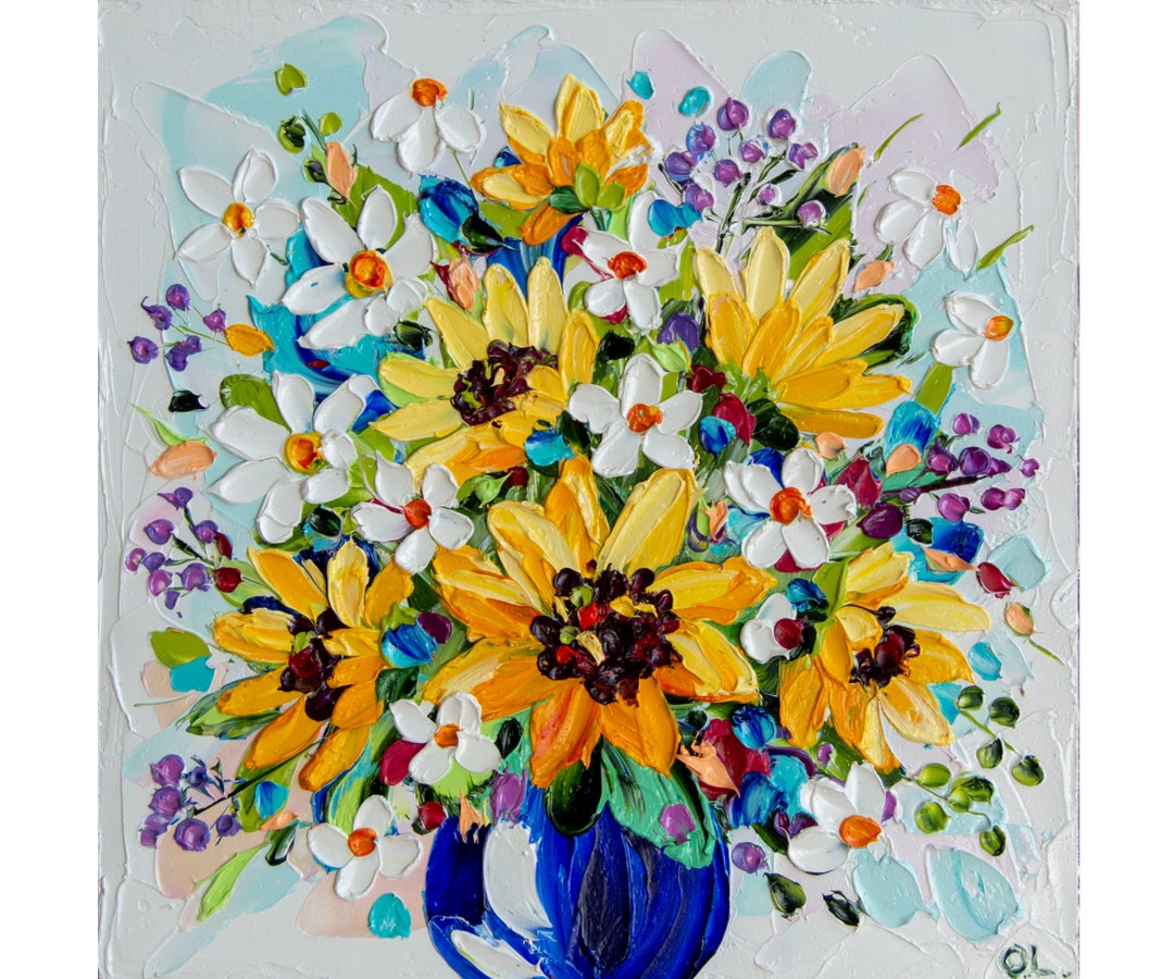Sunflower Oil Painting: Floral Impasto Art in Blue Vase - Etsy