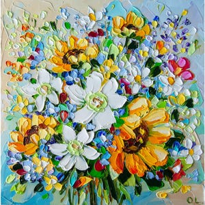 Impasto Sunflower Oil Painting: Original Floral Bouquet Art, 8x8