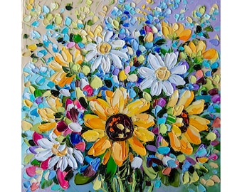 Original Sonnenblumen Ölgemälde: Floral Impasto Art (20 x 20 cm)