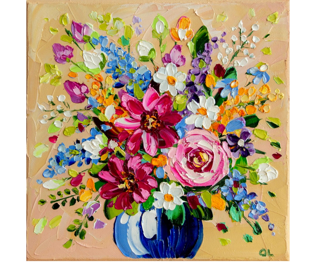 絵画 Oil painting of beautiful flowers. Colorful Flower Art Original Oil Painting Wildflowers in