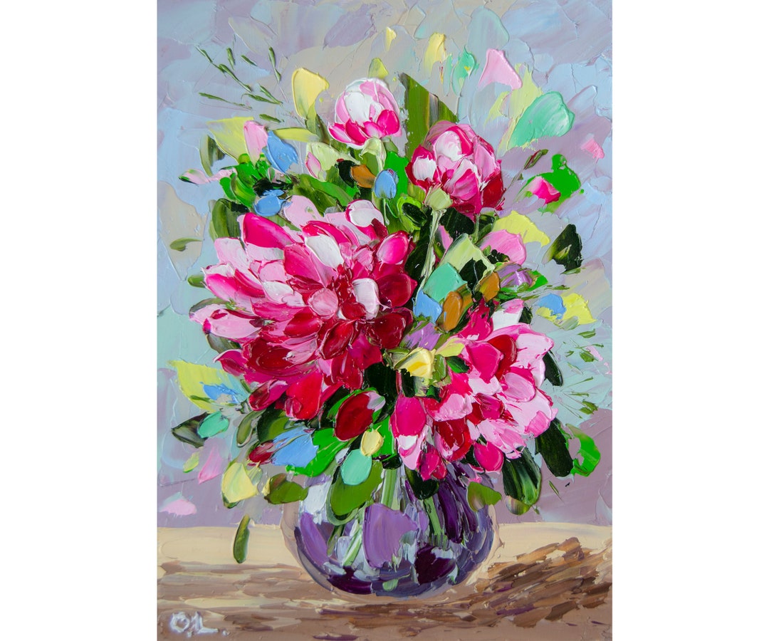 Peonies Painting Pink Vase Art Original Floral Oil Impasto Flower ...