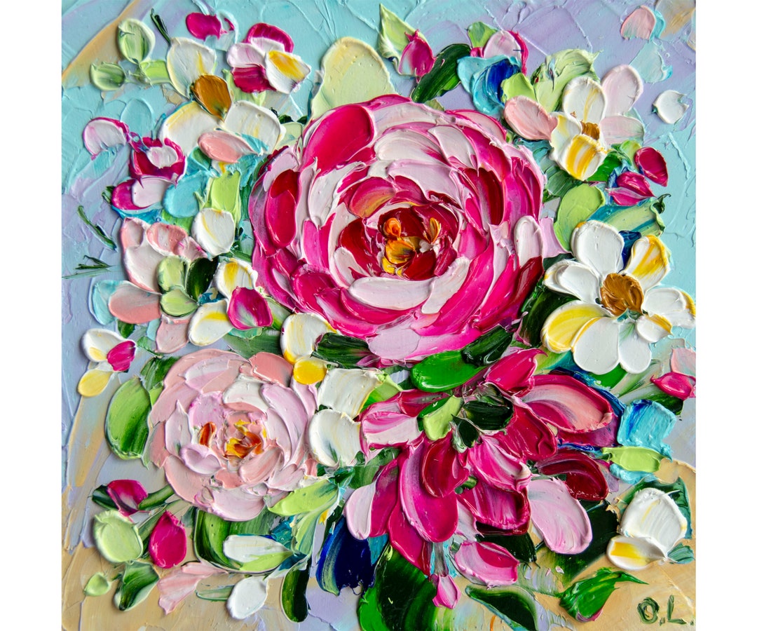 Peony Painting Tini Oil Impasto Flower Original Art Floral Painting ...