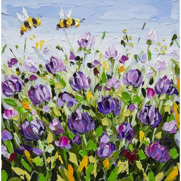 Bee Painting Clover Art Original Art Original landscape Painting Vermon Flower Art Lilac 6 by 6 in OlyaArtShop