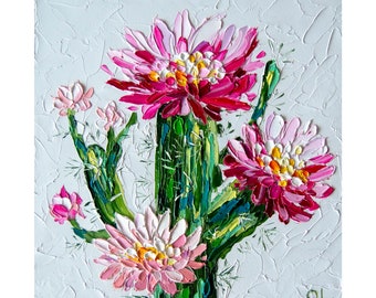Impasto Oil Cactus Painting: Original Floral Art with Pink Flowers OlyaArtShop