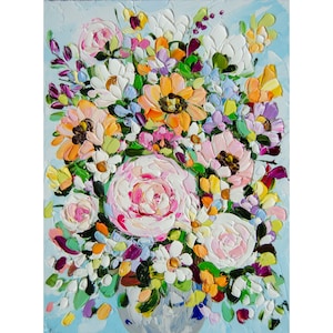 Flower Painting Peony Impasto Oil Original Art Floral Painting Bouquet In Vase ArtWork 6 by 8 in OlyaArtShop
