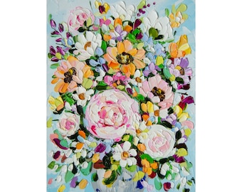 Peinture de fleurs, pivoine empâtement, huile d'art originale, peinture florale, bouquet dans un vase, oeuvre d'art 6 x 8 dans OlyaArtShop