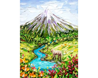 Vulkan Arenal: Costa Rica Kunst, Tropische Landschaft Öl Impasto (5x7 Mini)