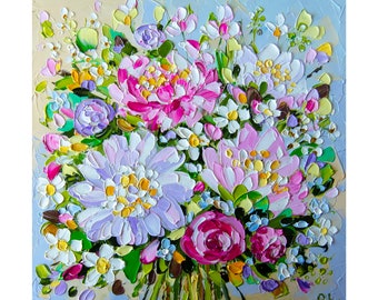 Peony Bouquet Painting: Impasto Floral Oil Painting, 8x8
