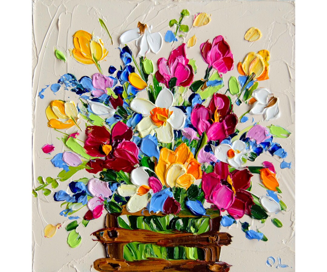 Tulips Painting Daisy Original Art Oil Impasto Floral Painting Small ...