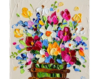 Tulips Painting Daisy Original Art Oil Impasto Floral Painting Small Wall Decor OlyaArtShop