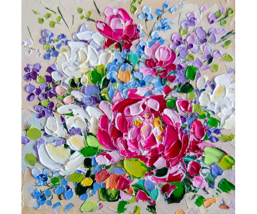Peony Floral Oil Painting: Impasto Flower Bouquet, 5x5 Original Art - Etsy
