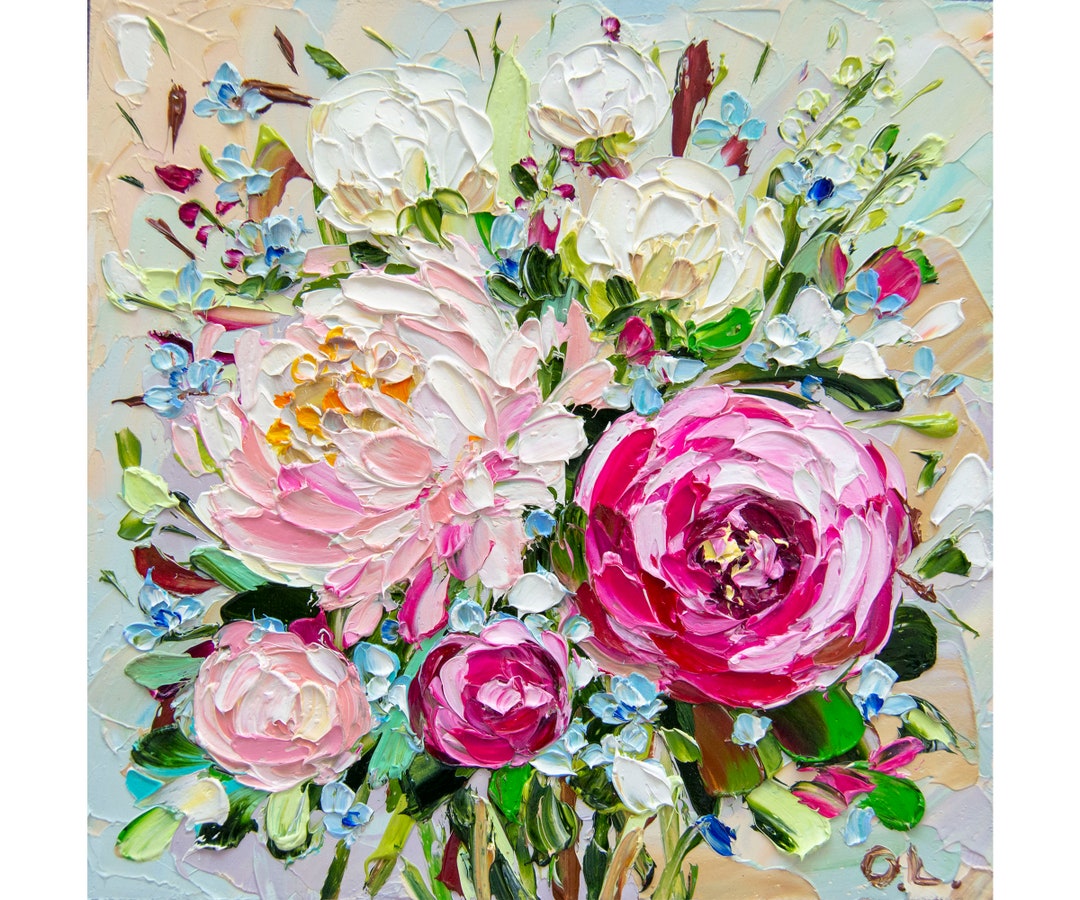 Peony Painting Oil Impasto Bouquet Flower Original Art Peonies Painting ...