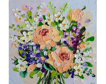 Original Rosenölgemälde: Impasto Blumenstrauß Kunst