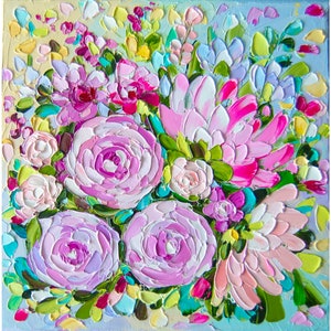 Peony Painting On Canvas Floral Original Art Impasto Oil Painting Flower Wall Art 8 by 8 OlyaArtShop