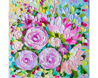 Pastose Pfingstrose Malerei: Floral Öl auf Leinwand, 8x8 Originale Kunst