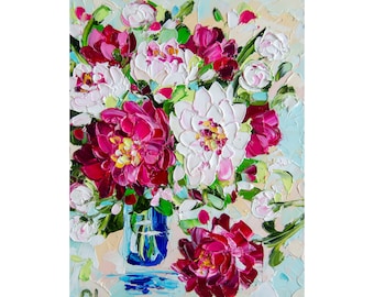 Peony Oil Painting: Impasto Floral Bouquet, Pink Original Art