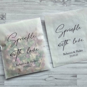 Personalisierte bedruckte Konfetti Päckchen. Gefüllt und sofort einsatzbereit. Biologisch abbaubares Konfetti. Blütenblatt Konfetti. Hochzeit Konfetti. Blumen Konfett.