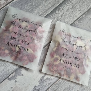 Personalised printed confetti packets.  Filled and ready to use.  Biodegradable confetti.  Petal confetti. Wedding confetti. Flower confetti