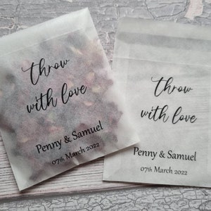 Personalised printed confetti packets.  Filled and ready to use.  Biodegradable confetti.  Petal confetti. Wedding confetti. Flower confett.